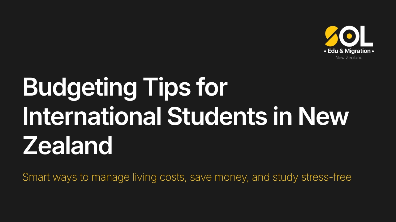 International student organizing monthly expenses using a budget planner and laptop in New Zealand.